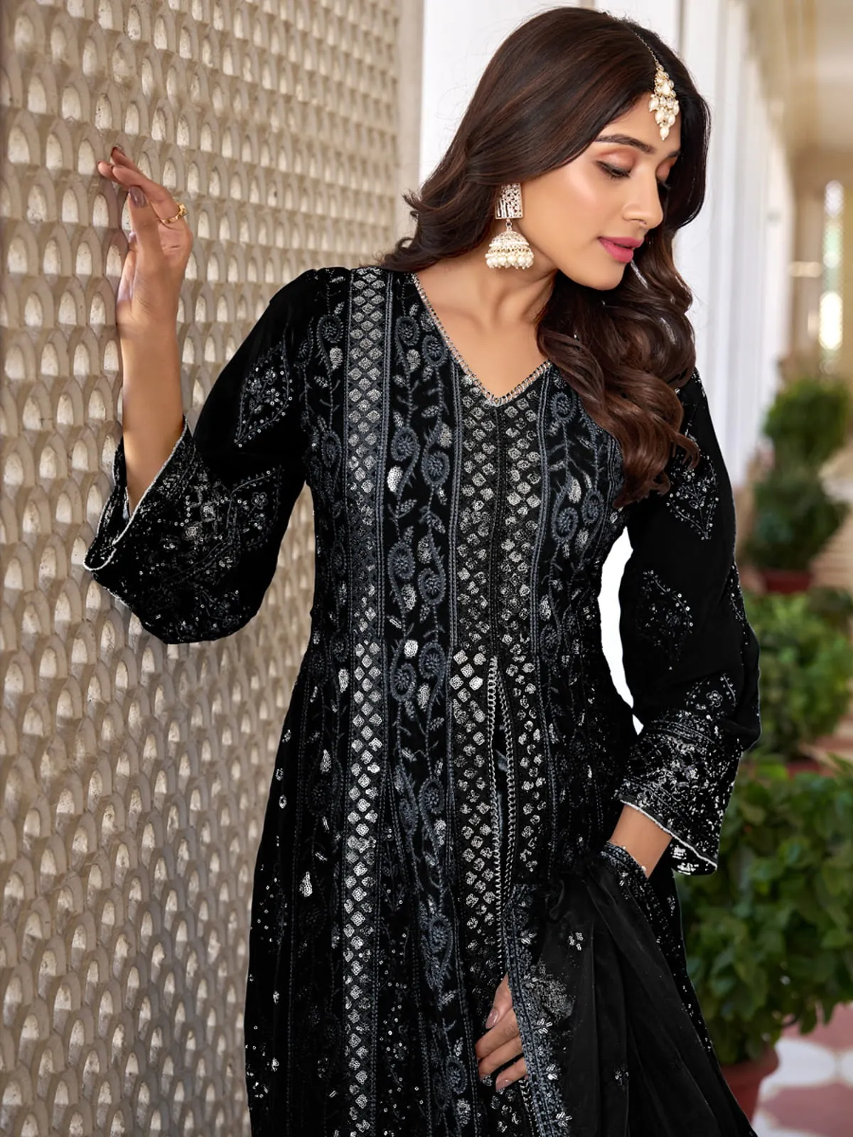 Black Georgette High Slit Style Suit With Cudidar Pant