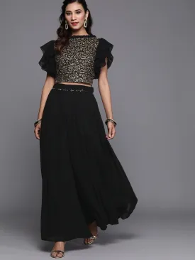 Black Silk Blend Embellished Palazzo Style Suit