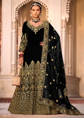 Black Velvet Front & Back Embroidery Wedding Anarkali Suit