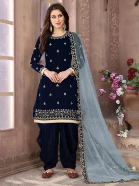 Blue Velvet Partywear Patiala Suit