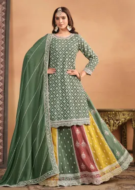 Chinnon Green Multicolor Embroidered Lehenga Style Suit