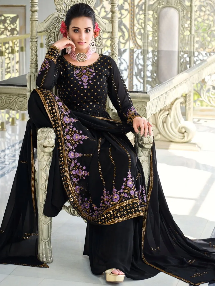 Dark Blue Embroidered Partywear Sharara-Style-Suit