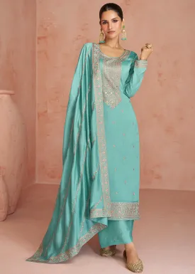 Elegant Mint Blue Silk Embroidered Palazzo Salwar Kameez