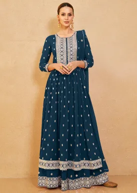 Excellent Teal Blue Real Georgette Palazzo Style Salwar Suit