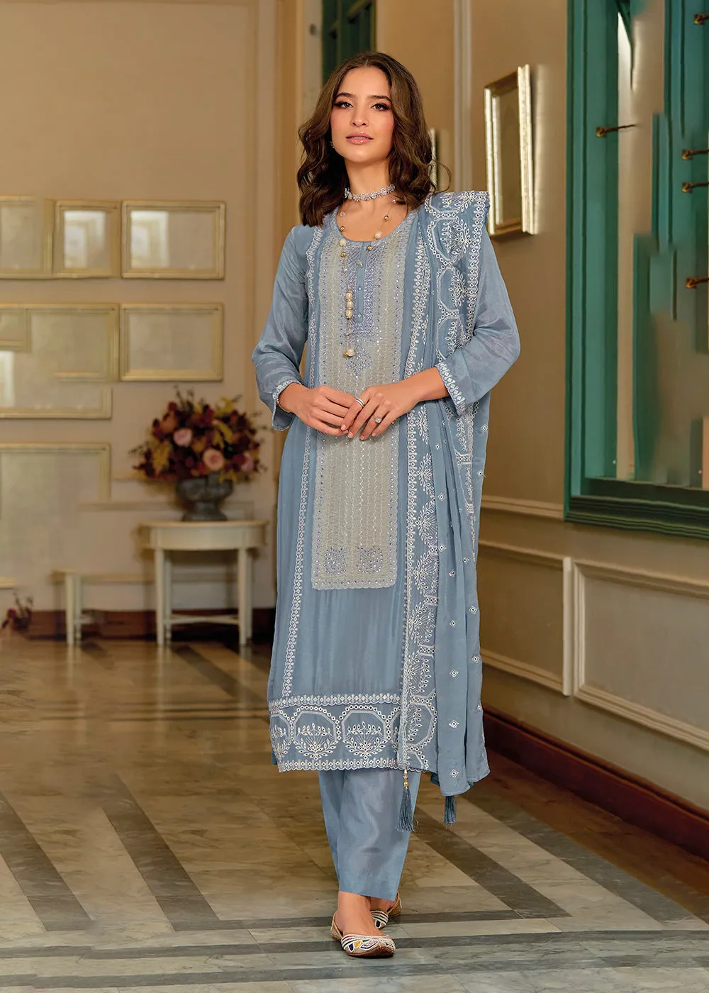 Exquisite Blue Premium Silk Festive Wear Salwar Suit