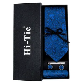 Fanstastic Blue Paisley Tie Pocket Square Cufflinks Set Gift Box Set