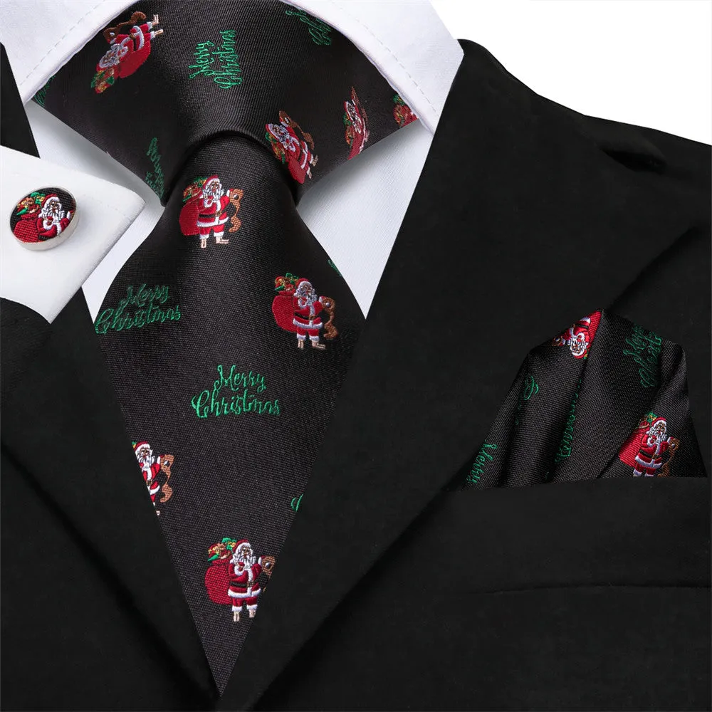 Hi-Tie Black Red Santa Christmas Designer Silk Necktie Set