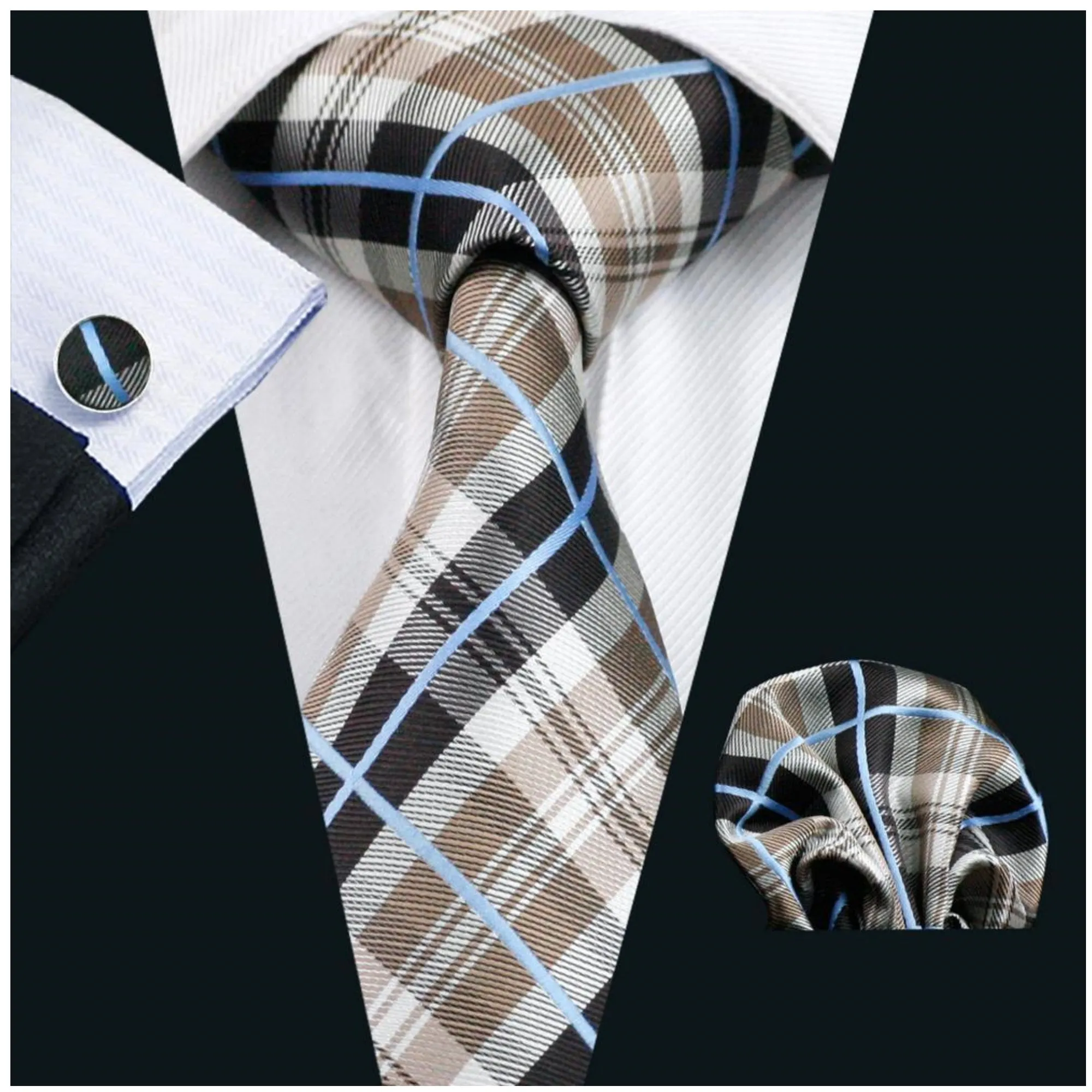 Men's Brown, Black And White Plaid 100% Silk Neck Tie With Matching Hanky And Cufflinks Set