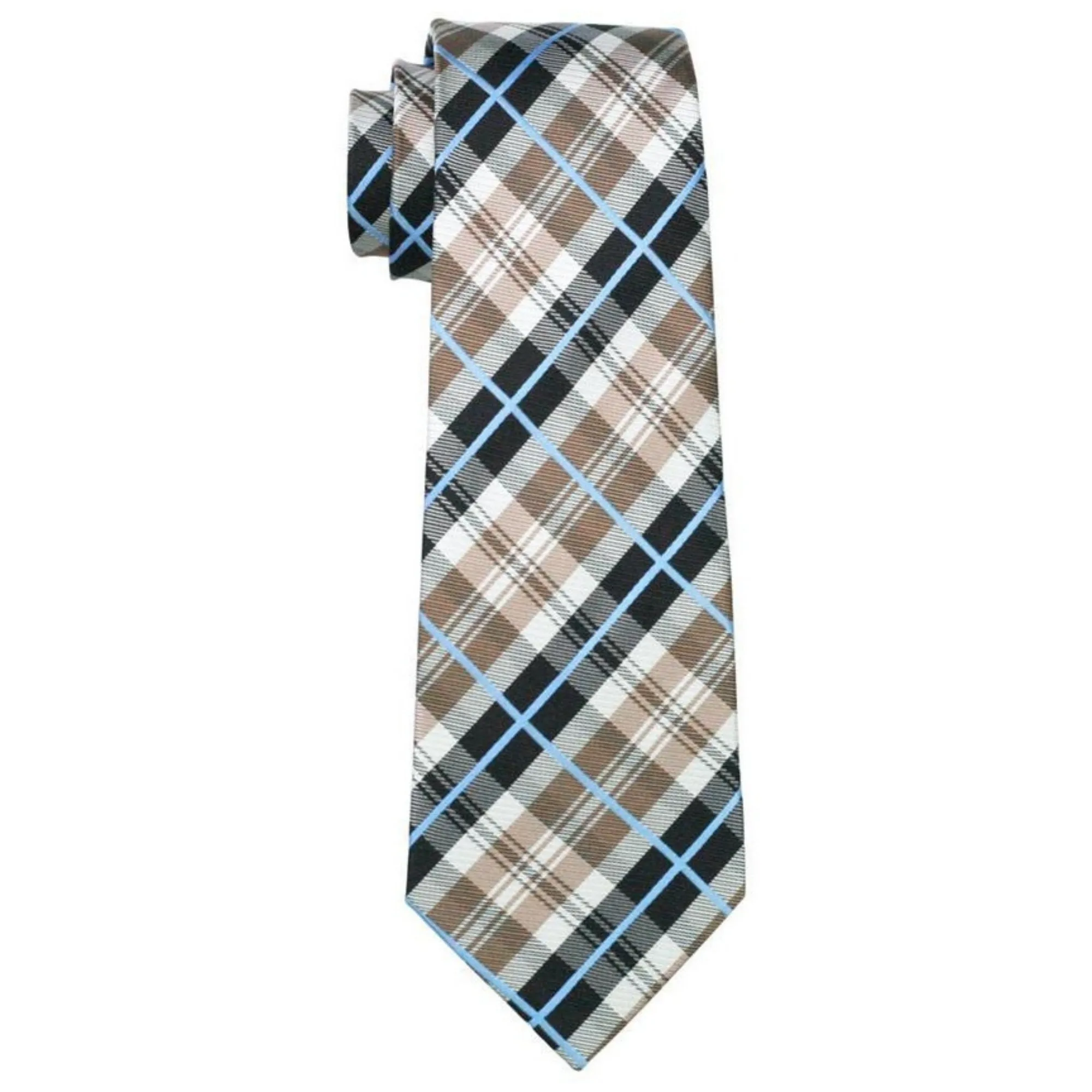 Men's Brown, Black And White Plaid 100% Silk Neck Tie With Matching Hanky And Cufflinks Set