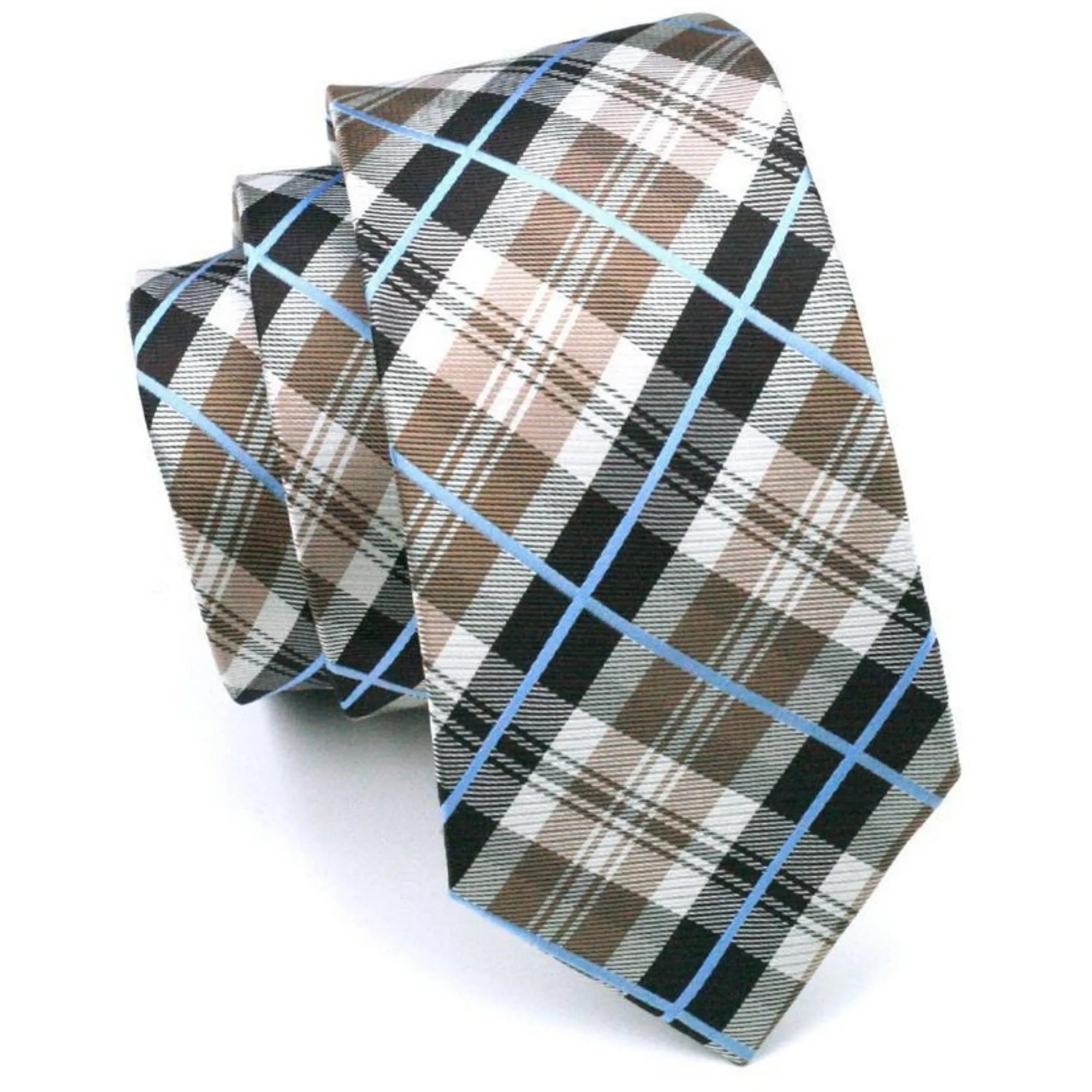 Men's Brown, Black And White Plaid 100% Silk Neck Tie With Matching Hanky And Cufflinks Set