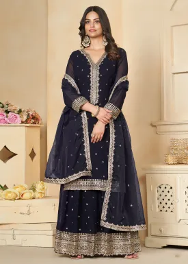 Navy Blue Faux Georgette Embroidered Wedding Sharara Suit