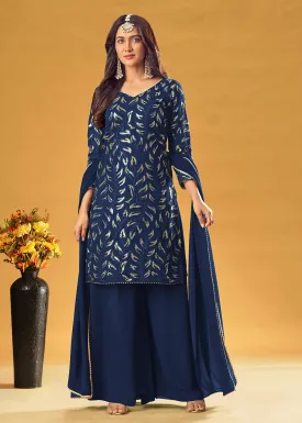 Royal Blue Gold Embroidered Straight Cut Palazzo Suit