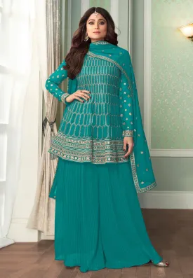 Shamita Shetty Blue Peplon Style Embroidered Palazzo Suit