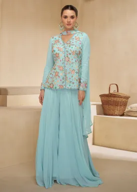 Sky Blue Designer Embroidered Party Wear Sharara Suit