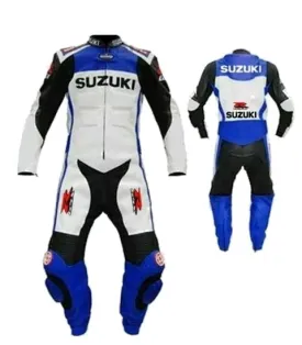 SUZUKI BLUE/WHITE GSXR MOTORCYCLE LEATHER RACING SUIT