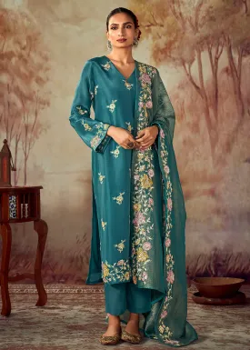 Teal Blue Russian Silk Embroidered Pant Style Salwar Kurta